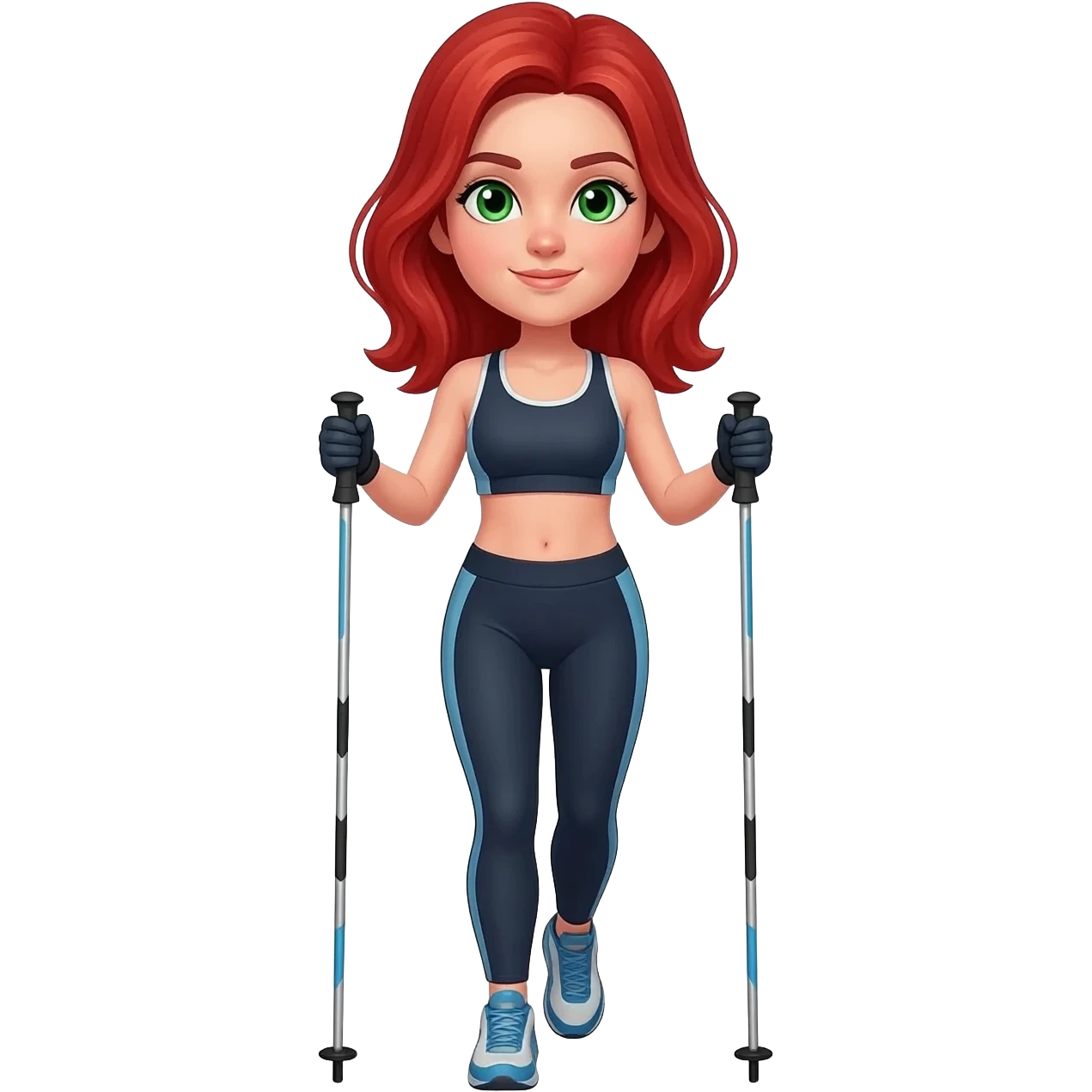 Frau rote Haare, Haarlänge bis Schulter, Sportkleidung , grüne Augen , Nordicwalking emoji
