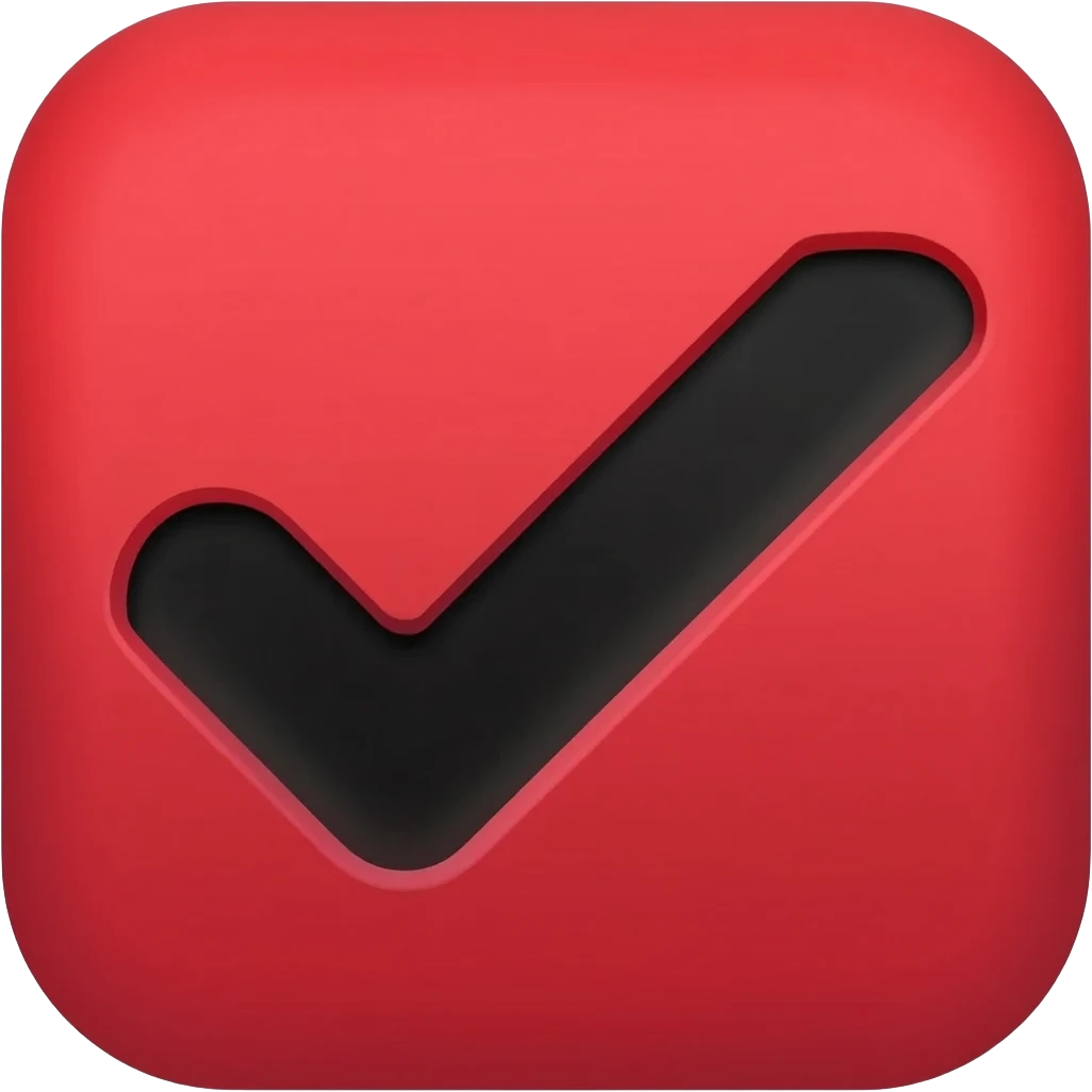 "Custom YouTube tick emoji, bold checkmark, deep red #FF0000 and black, flat minimal style, clean sharp edges, transparent background, 109x109px" emoji