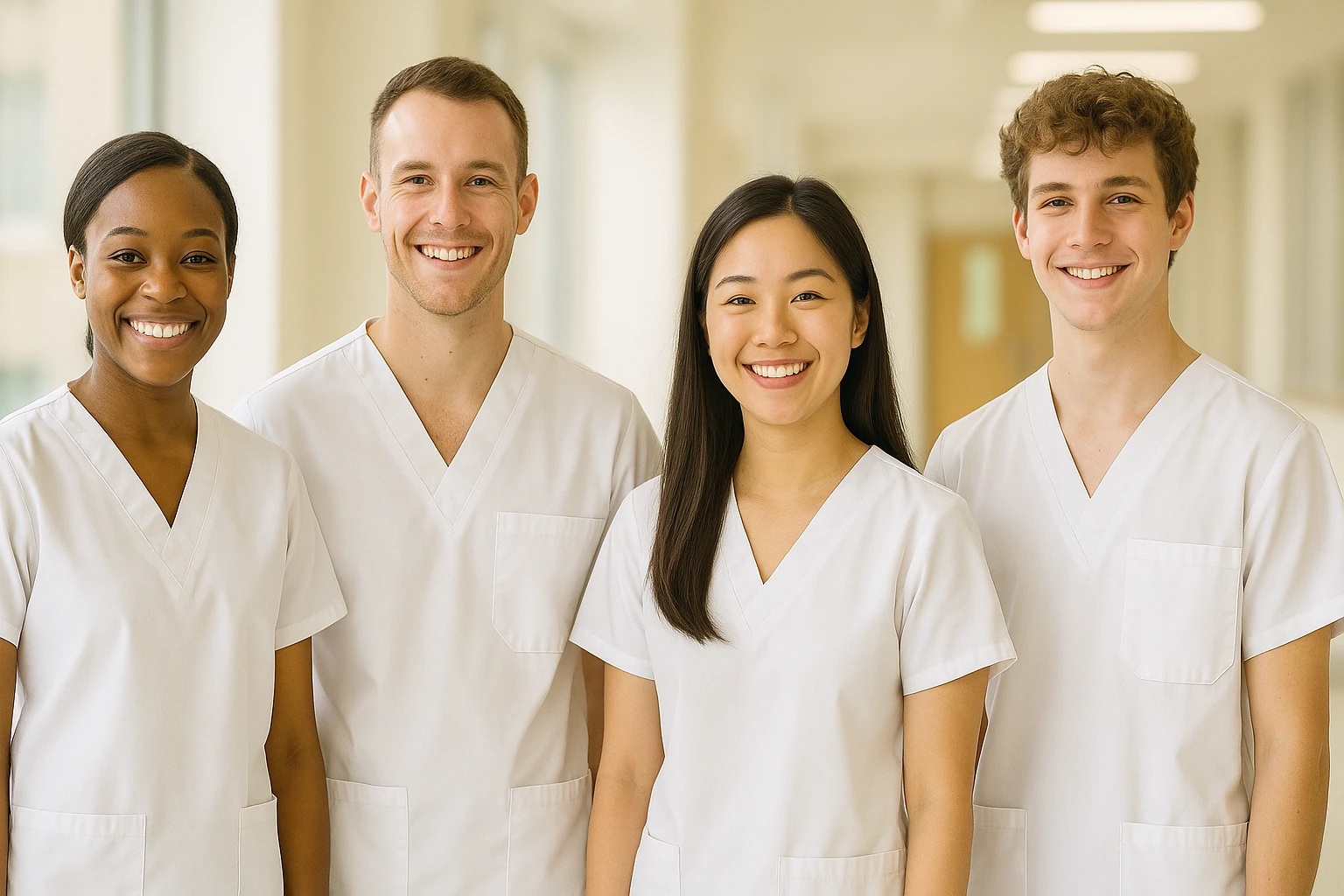 four nursing students standing side by side without touching, warm atmosphere, wearing short-sleeved white uniforms, no undershirts or stethoscopes emoji