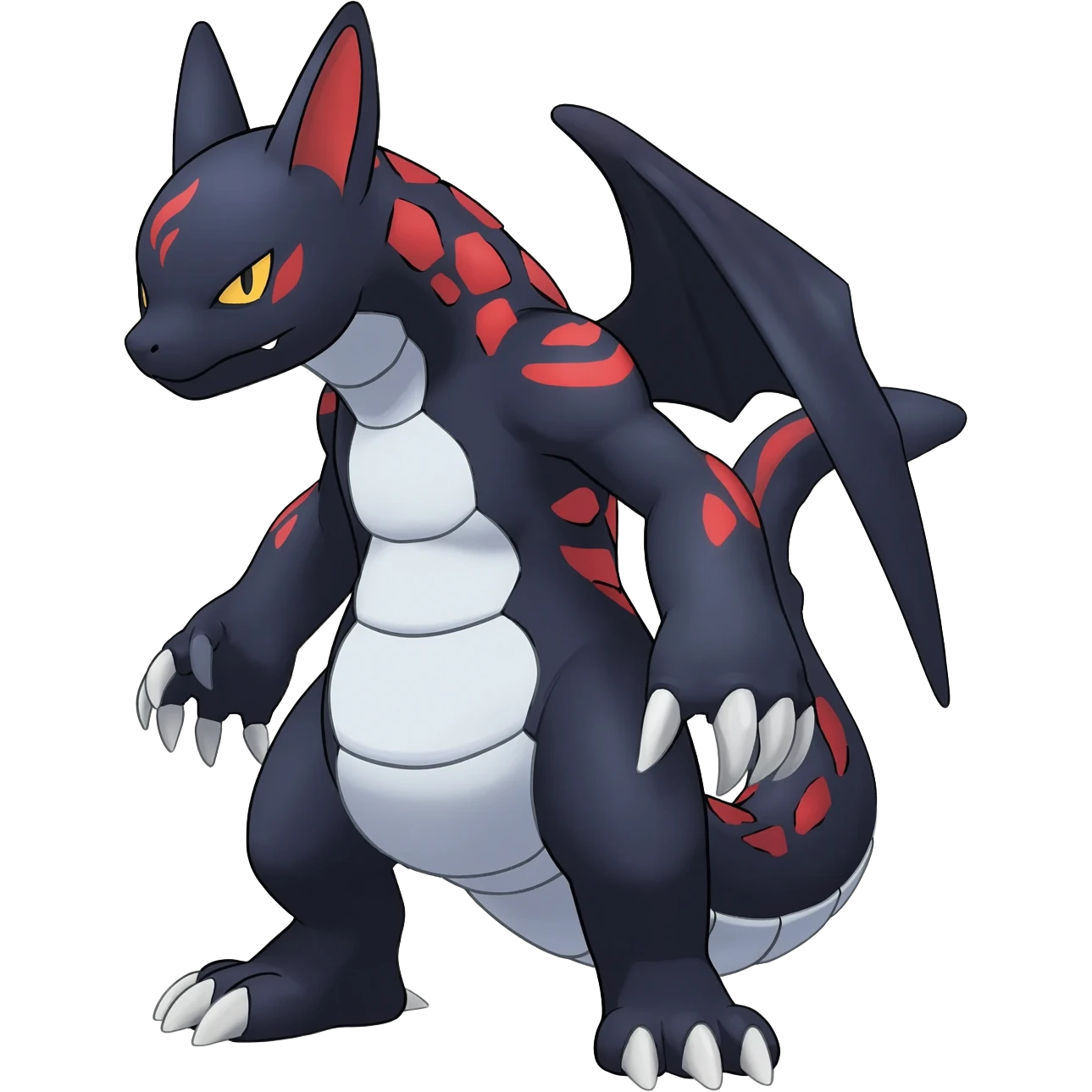 midnight blue-gray-black, with red markings, white belly, scaley Bastet-Noibat-Gatomon-Garchomp-Digimon-Fakémon-Pokémon-creature (full body) emoji