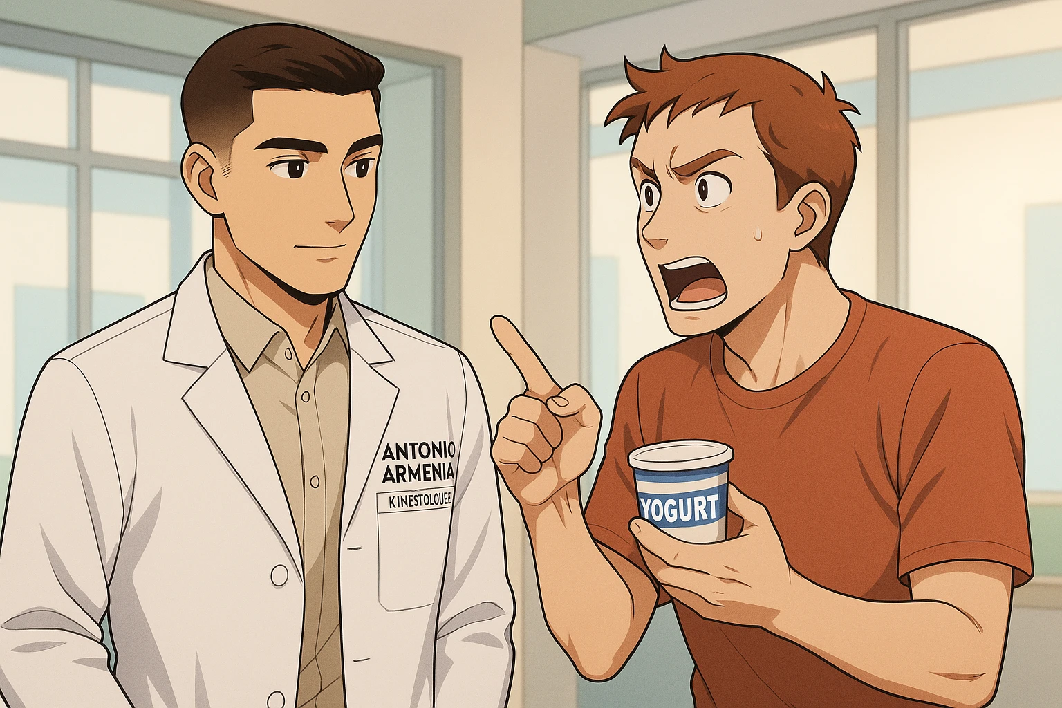 fai un webtoon manga a colori con questo stile, in cui un uomo chiede al kinesiologo con il camice bianco (fagli anche la scritta "ANTONIO ANANIA" SUL CAMICE, una domanda e il kinesiologo gli risponde, L'UOMO INDICA LO YOGURT CHE HA IN MANO ED è MOLTO ALLARMATO NEL FARE LA DOMANDA. non fare i fumetti però, fai solo in modo che sembri stiano parlando emoji