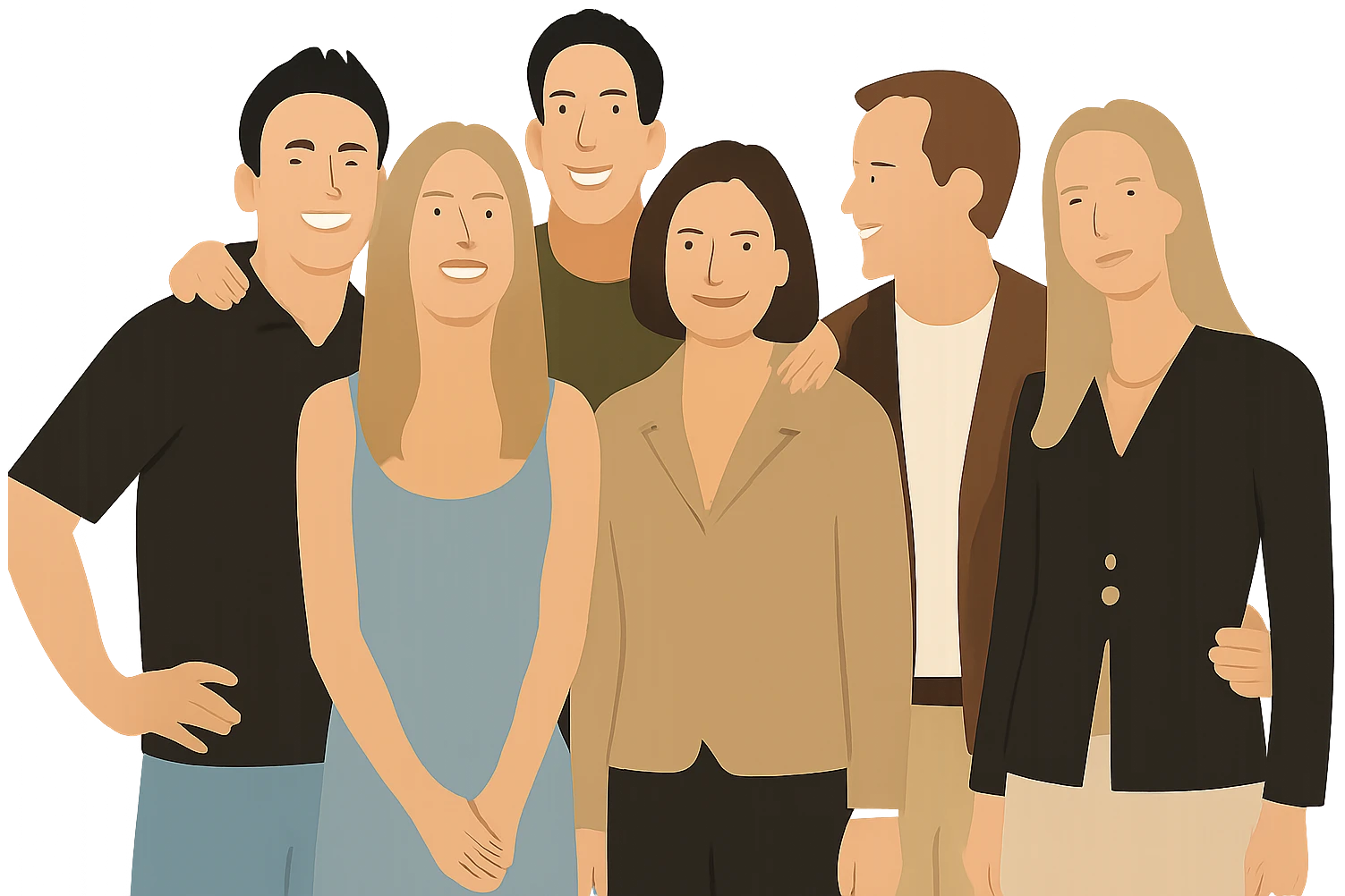 Transform only the clothing of the people in the image into minimalist and contemporary vector versions. Keep the general type and shape of each piece, but use simple, smooth, and stylized shapes without seams, folds, textures, highlights, or shadows. Use flat solid color blocks with soft earthy tones (light blue, olive green, beige, brown, white, black). Simplify patterns into flat shapes. Structured clothes have straight cuts; loose clothes have rounded lines. Preserve the original body, face, and poses, changing only the visual style of the clothes to a clean, youthful, and elegant aesthetic without gradients. emoji