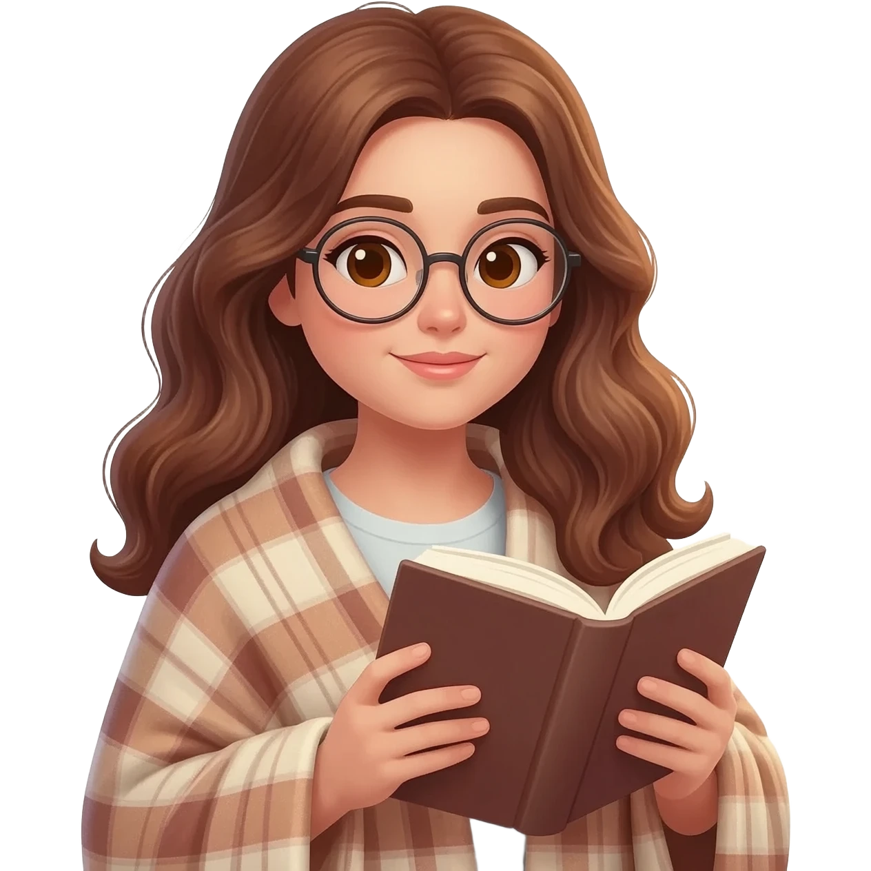 detailed emoji illustration of a curvy woman with long chestnut brown wavy hair, light brown eyes and round glasses, wrapped in a cozy plaid blanket and reading a book, calm peaceful expression, soft warm lighting, cute emoji style emoji