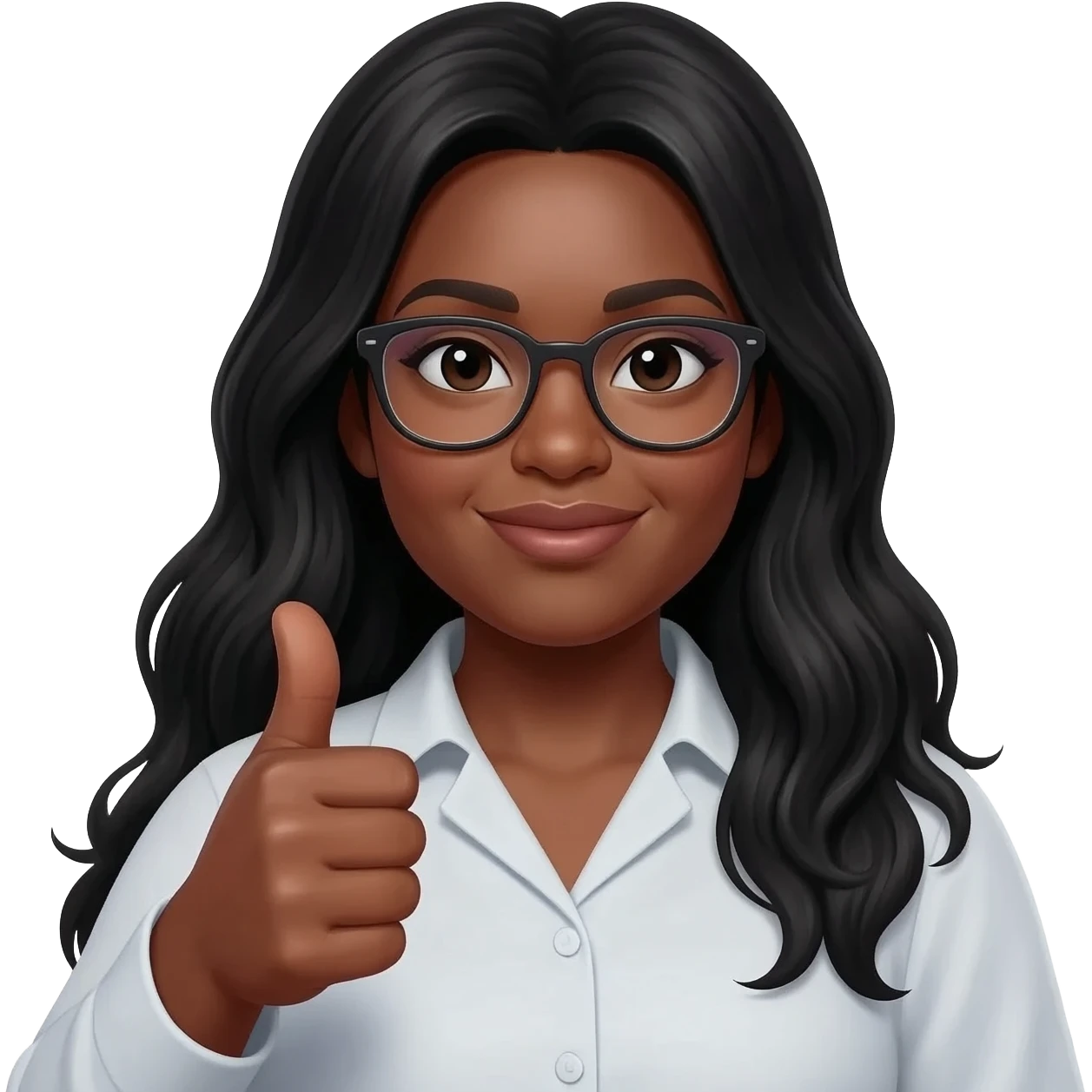 african american woman, black hair past shoulder, with glasses, a little heavy set, doing a thumbs up sign emoji