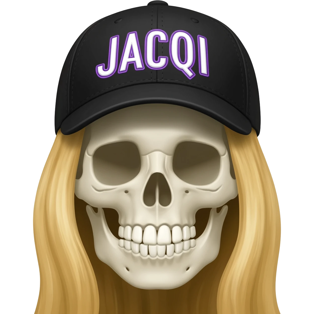 Create a skeleton head wearing a black baseball cap that says " JACQUI " in purple, and white lettering, with long blonde hair emoji