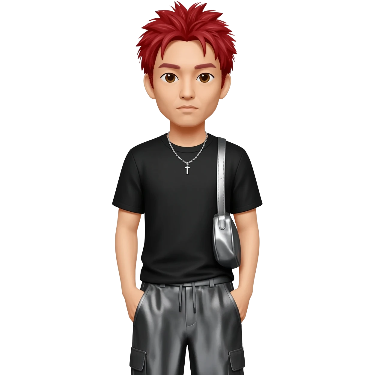 Mike Shinoda with brown eyes, red hair, black metallic t-shirt, charcoal metallic baggy pants, silver necklace emoji