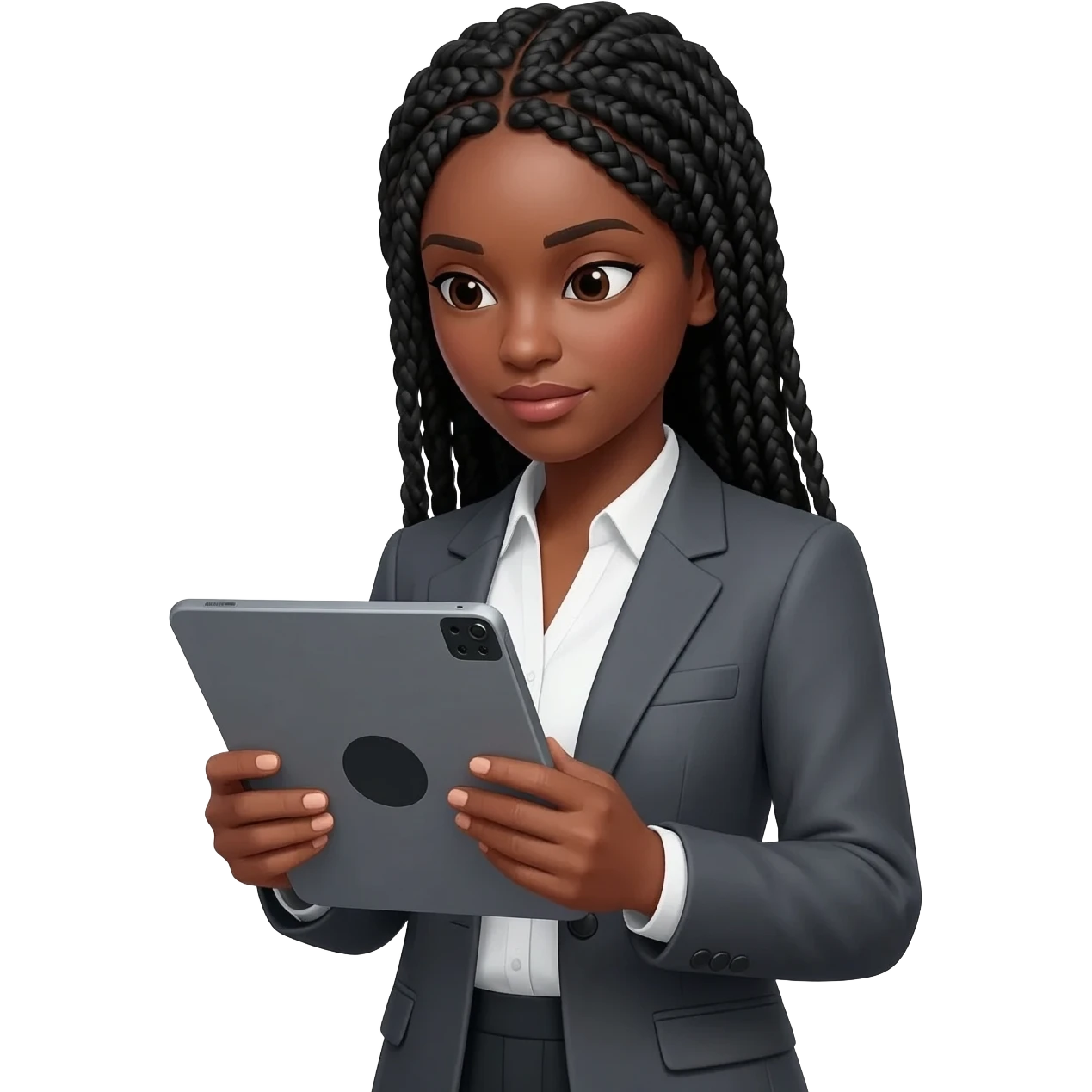 Emoji représentant une femme à la peau marron avec de longues braids noires et portant une belle tenue professionnelle, regardant la tablette graphique dans ses mains emoji