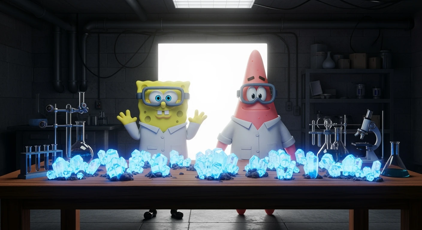 3D cienmatic cartoon shot, spongebob and patric dress in safety glasses and safe white outfit, the are standing front of table with blue crystals on table glowing (light source) science room in basement, back light, Cinema 4d render, proffesional lightning emoji