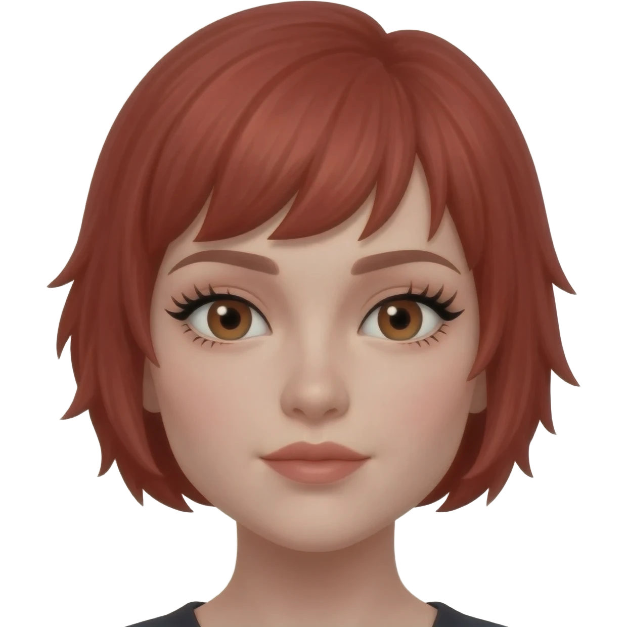 Red cherry short hair, two slits on left eyebrow, 1 slit on right eyebrow, fake long lashes, makeup, Brown eyes emoji
