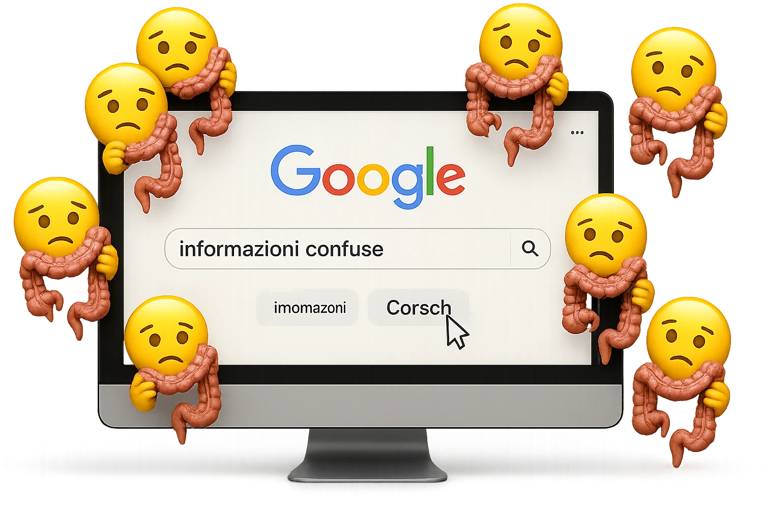 SCHERMO DI PC CON LA SCRITTA "informazioni confuse" SULLA BARRA DI RICERCA GOOGLE SULLO SCHERMO E IL CLICK DEL MOUSE SULLA SCRITTA CERCA, stile emoji iphone fluttuano in aria stringendo in mano un pezzo di colon intestinale, iperrealistico 4k emoji