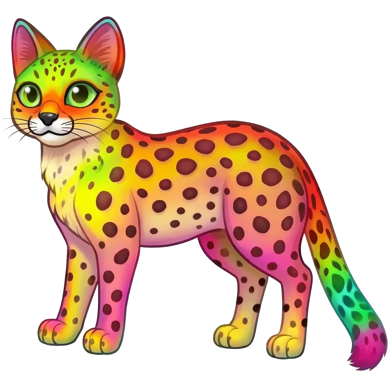 Colorful cute adorable tropical exotic fruity kiwi-green lemony rosy neon-red Caracal-Cheetah-Serval-Snow-Leopard-Trico-Sergal-Vernid-fusion-hybrid-animal-creature, full body, with tribal markings emoji
