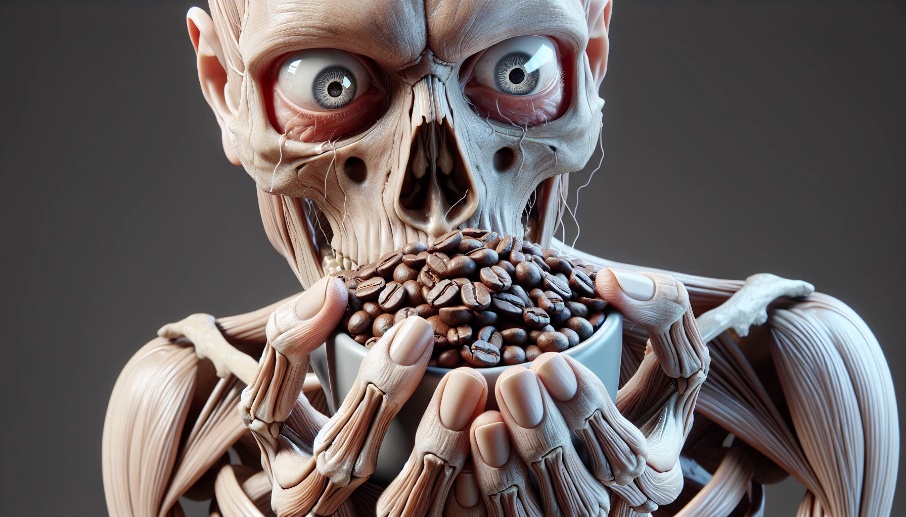 corpo umano anatomico che tiene in mano una manciata di chicchi di caffè e la guarda come se fosse dipendente da essa, stralunato, iperrealistico 4k emoji