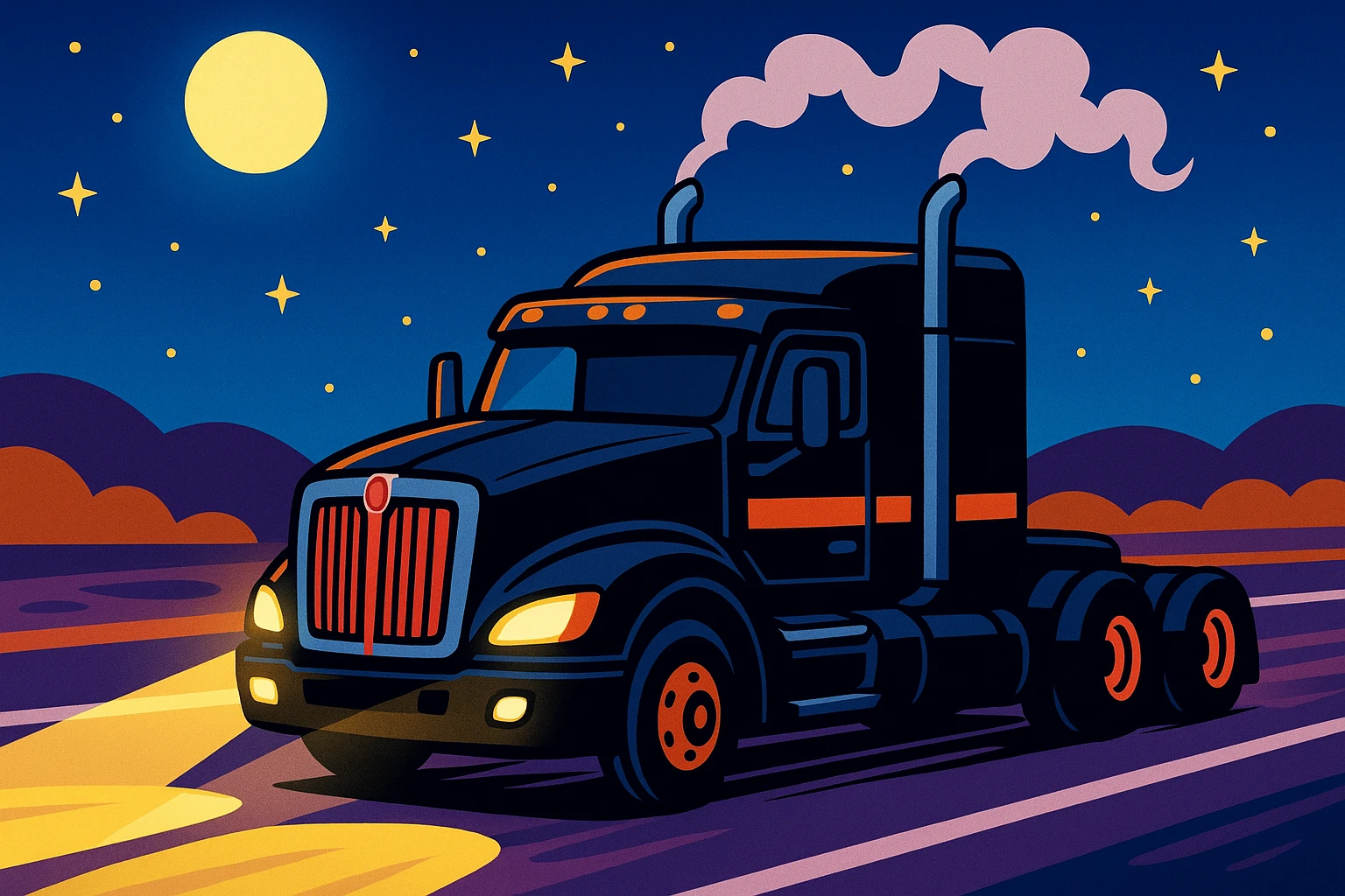 vibrant cartoon black Kenworth T680 Flat Top semi sleeper cruising on highway at night, smoke rising from stacks, bright headlights, moon and stars in sky, playful and dynamic emoji