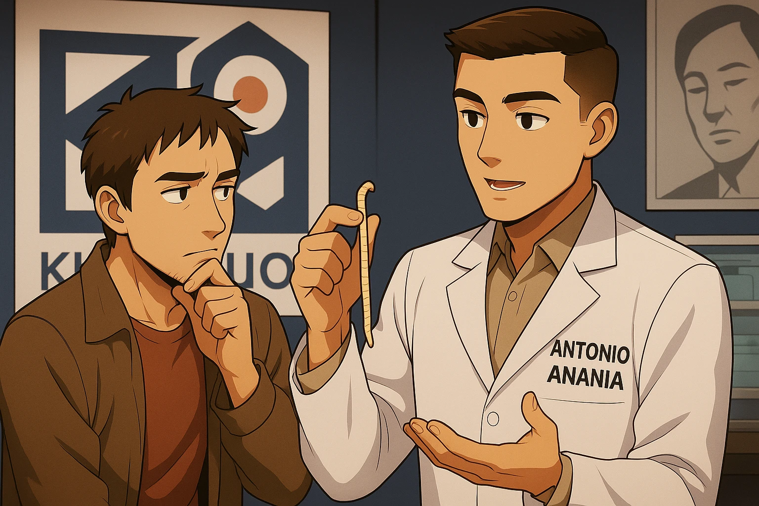 fai un webtoon manga a colori con questo stile, in cui un uomo ascolto il kinesiologo con il camice bianco (fagli anche la scritta "ANTONIO ANANIA" SUL CAMICE, il kinesiologo con il camice mostra un verme lungo e beige chiaro all'uomo, IL KINESIOLOGO SPIEGA ALL'UOMO UNA cosa. L'UOMO ha un ESPRESSIONE pensierosa IN VOLTO mentre si tocca il mento con l'indice. non fare i fumetti però, fai solo in modo che sembri stiano parlando emoji