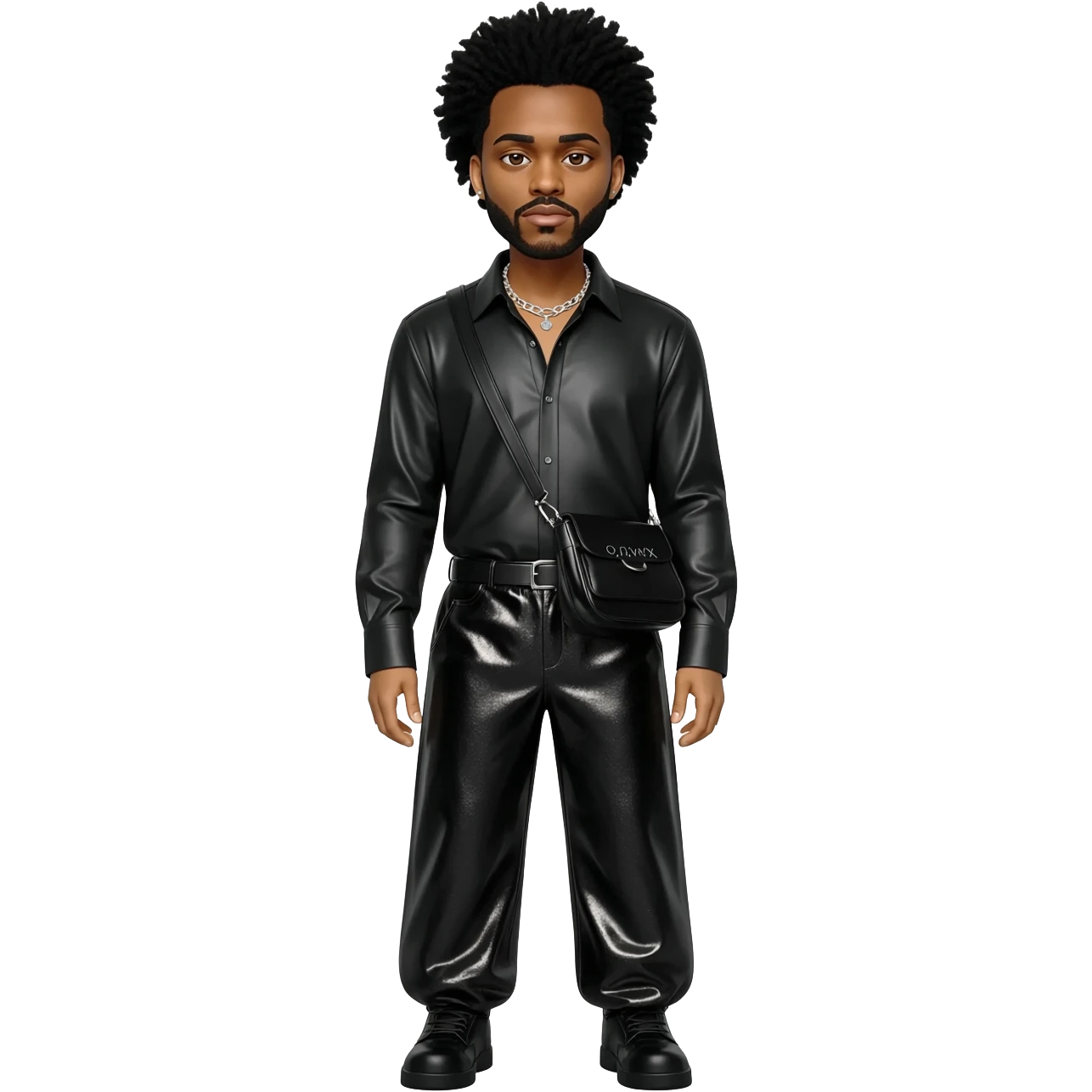 The Weeknd with black hair, black metallic shirt, black metallic baggy pants, silver necklace emoji