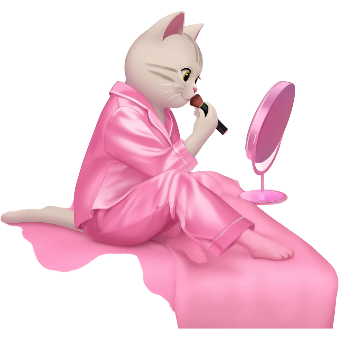 Show me a picture or a girl cat sitting in a cute room doing makeup into a pink little mirror wearing pink silky pajamas in a pink blanket emoji
