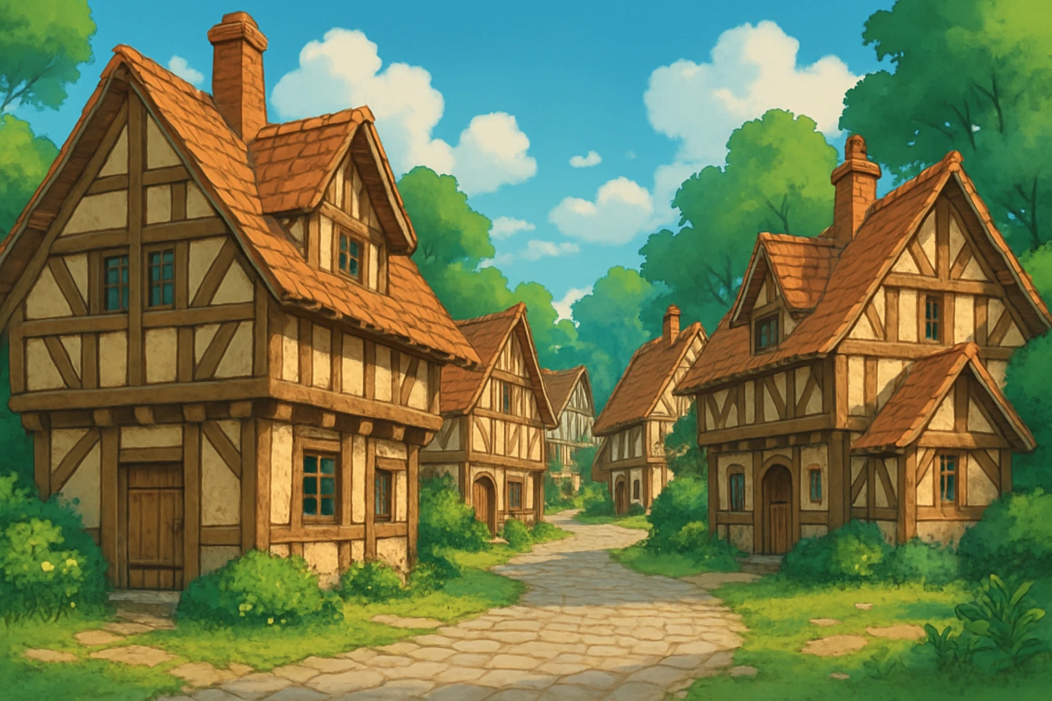 a medieval village with timber houses, ghibli style emoji