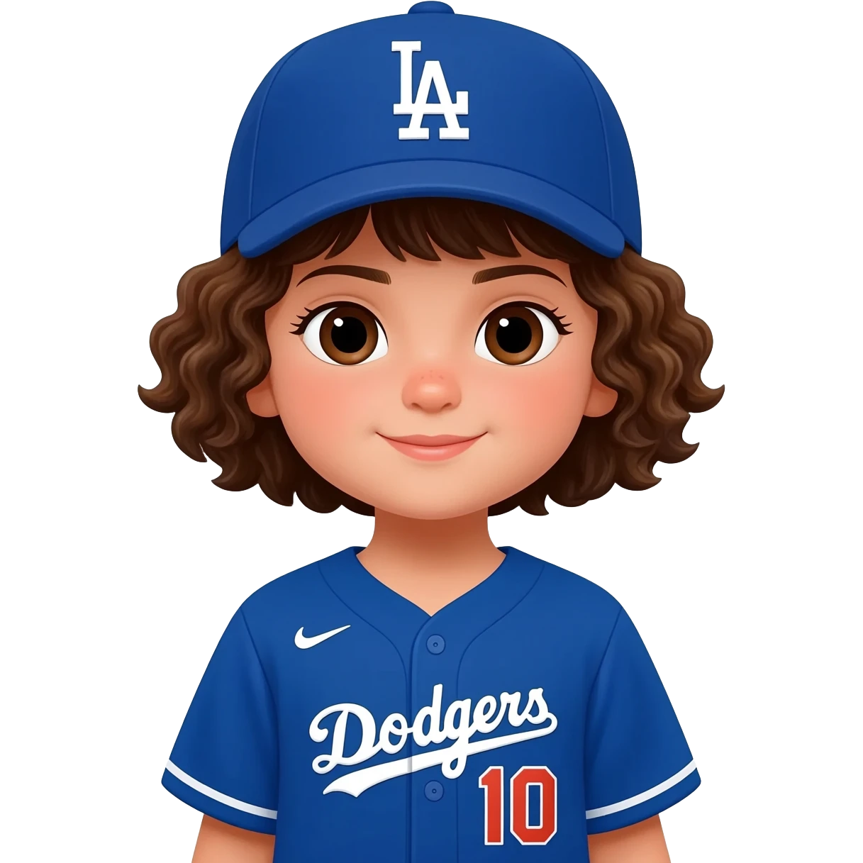 toddler girl in a dodgers uniform with baseball cap curly brown short hair and dark brown eyes emoji