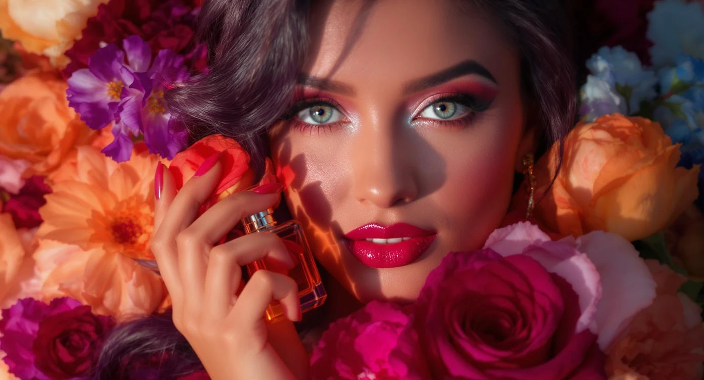 Motion blur Extreme Closeup photo of a beautifull woman holding perfume around beautifull colorfull flowers, cinematic light, 8K, very detailed, sharp, depth (foreground, midground, background) emoji
