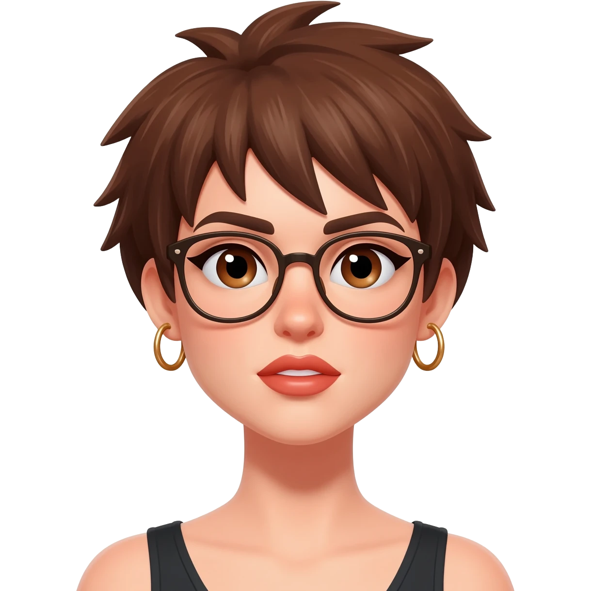 Female very very short brown hair few spikes brown eyes hoop earrings hoop earrings glasses full lips emoji