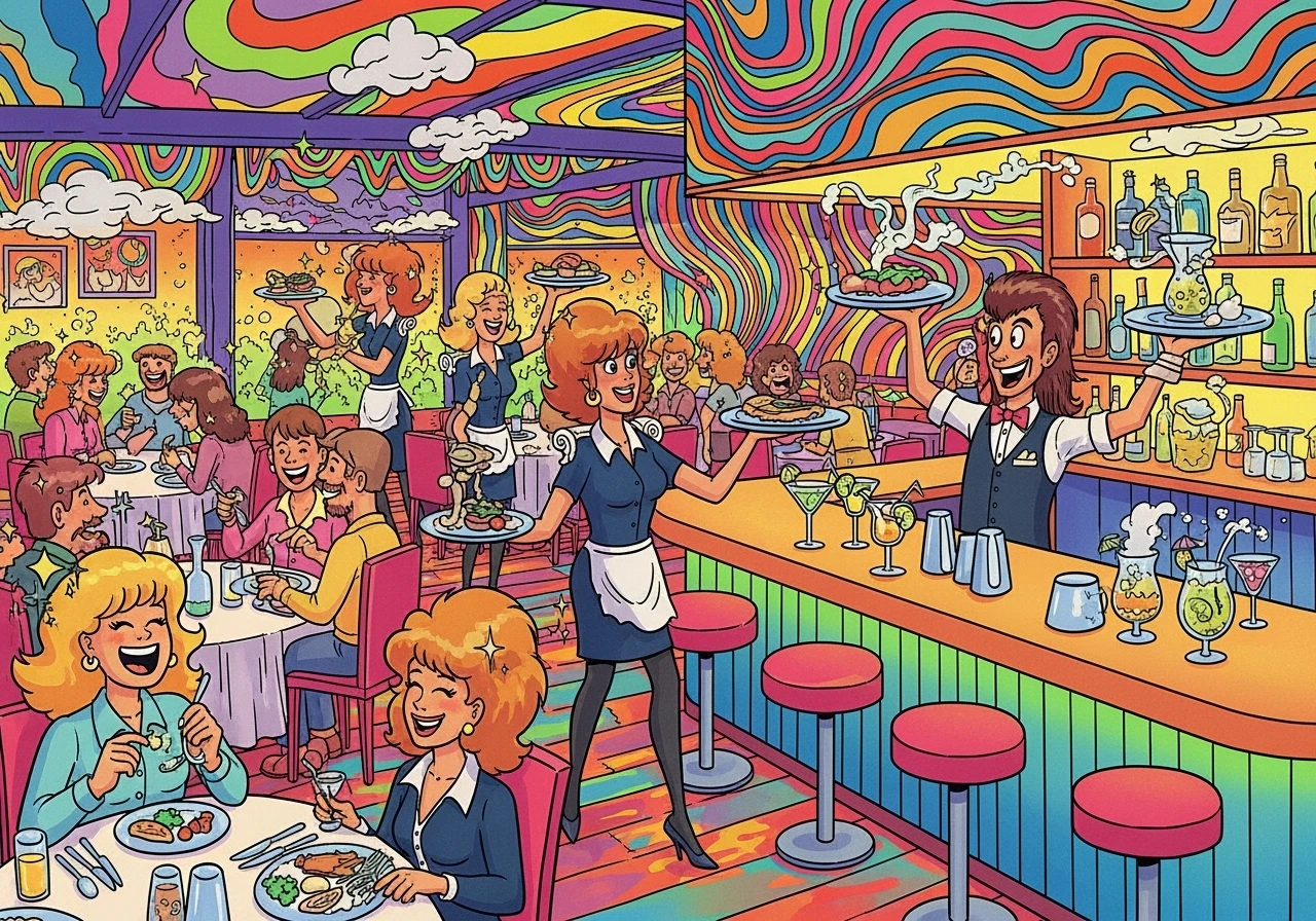 Illustration d'un restaurant avec des clients à table, des serveuses qui prennent les commandes et qui amènent les plats. Un barman sert des cocktails. Ambiance chaleureuse, clients ravis. Cartoon années 80, couleurs et effets psychédéliques. emoji