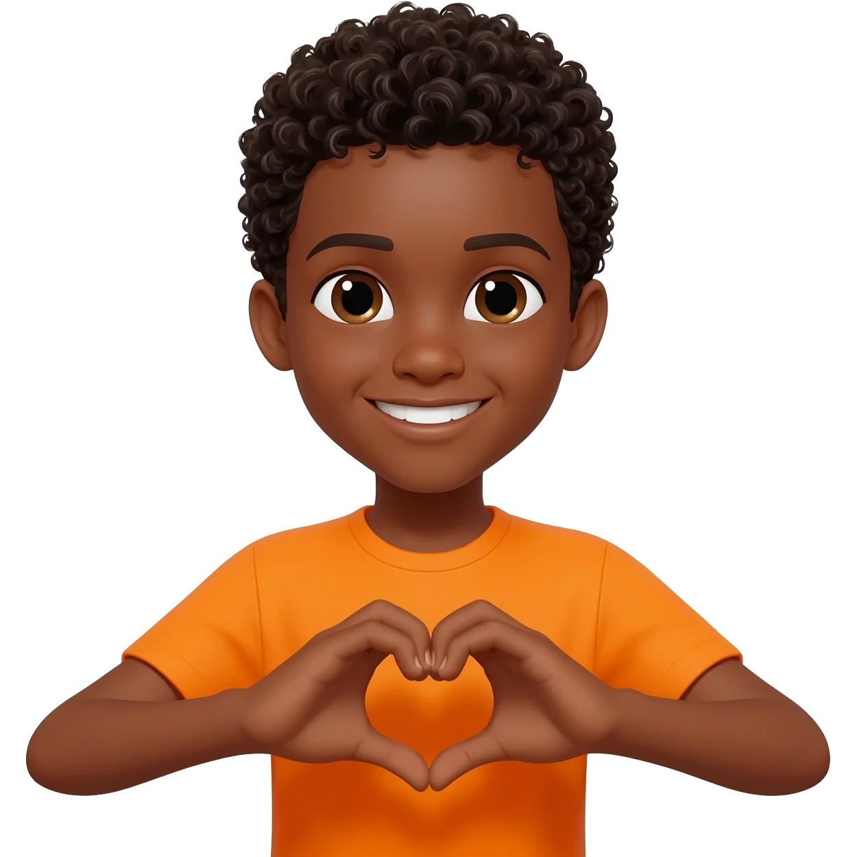 black boy curly hair orange shirt heart hands emoji