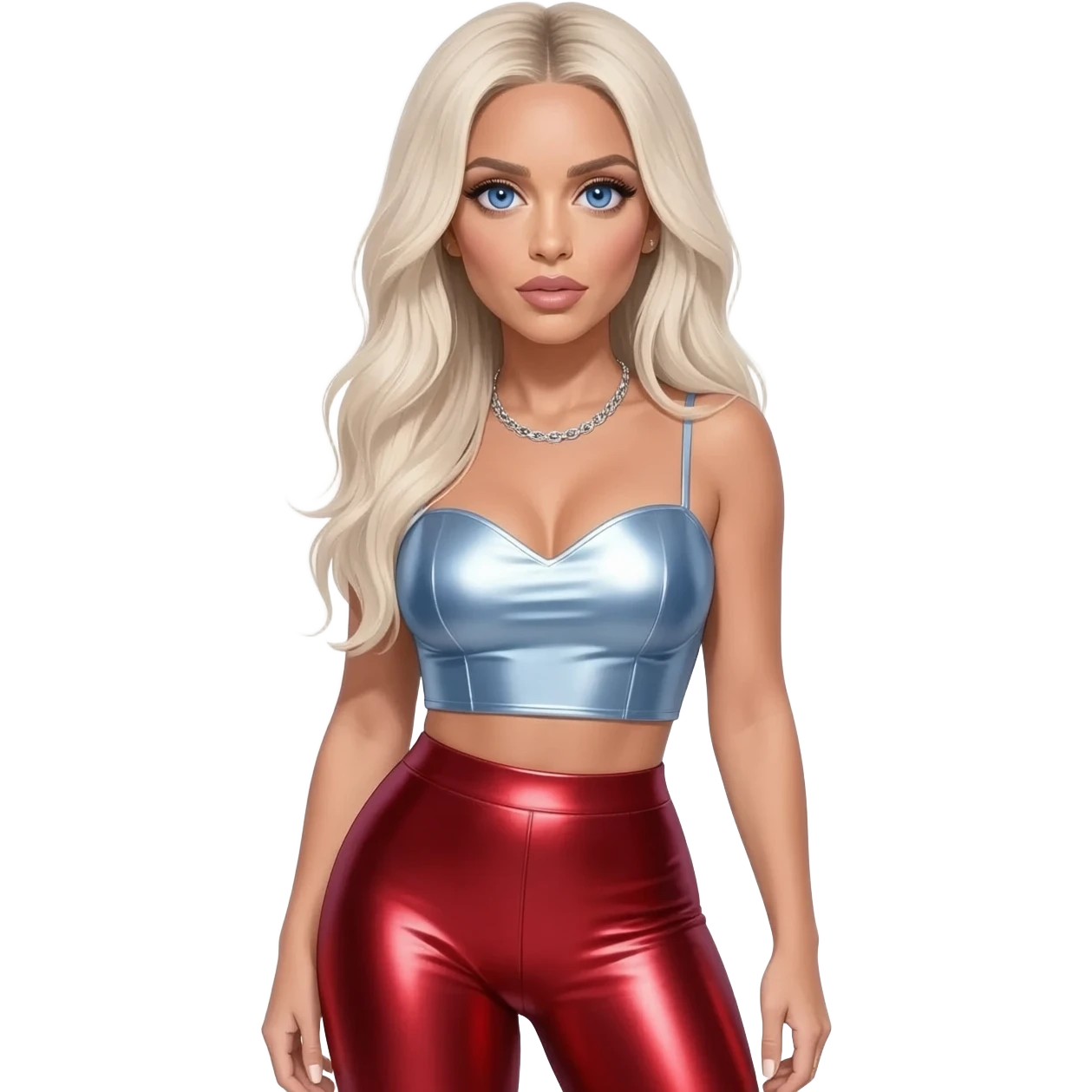 Christina Aguilera with blue eyes, long platinum blonde hair, light steel blue metallic sweetheart crop top, ruby red metallic leggings, silver necklace emoji