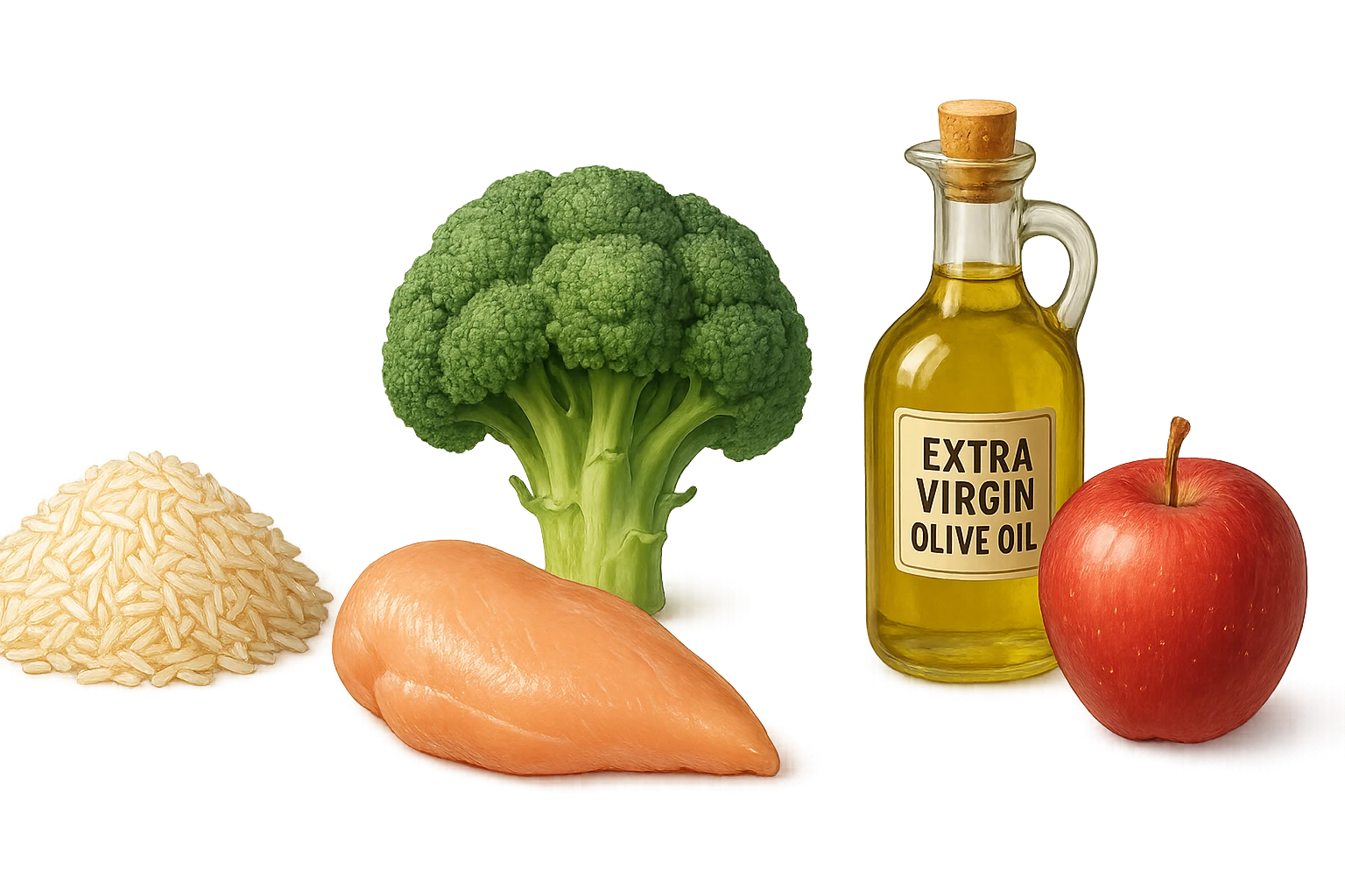 Riso basmati
Petto di pollo
Verdura fibrosa verde
Olio EVO
Mela emoji