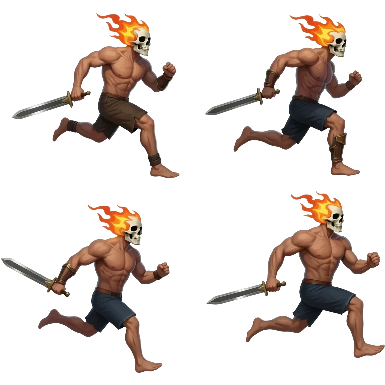 A sprite sheet of a man with a burning skull head and a large sword running, show all 4 stages of him running with no back ground emoji