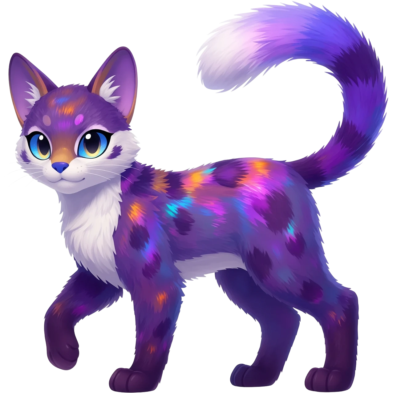 Colorful dark tropical pastel-lilac-lavender-violet iridescent pastel white glorious divine exotic cute cool beautiful shiny beautiful fantasy-caracal-civet-genet-sergal-vernid-Cacomistle-oncilla-animal-Fakémon-hybrid-fursona (full body) emoji