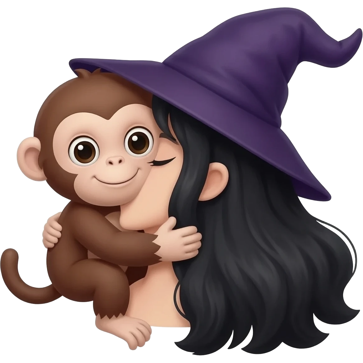 Monito dando aun abrazo por el cuello a una brujita de pelo negro emoji
