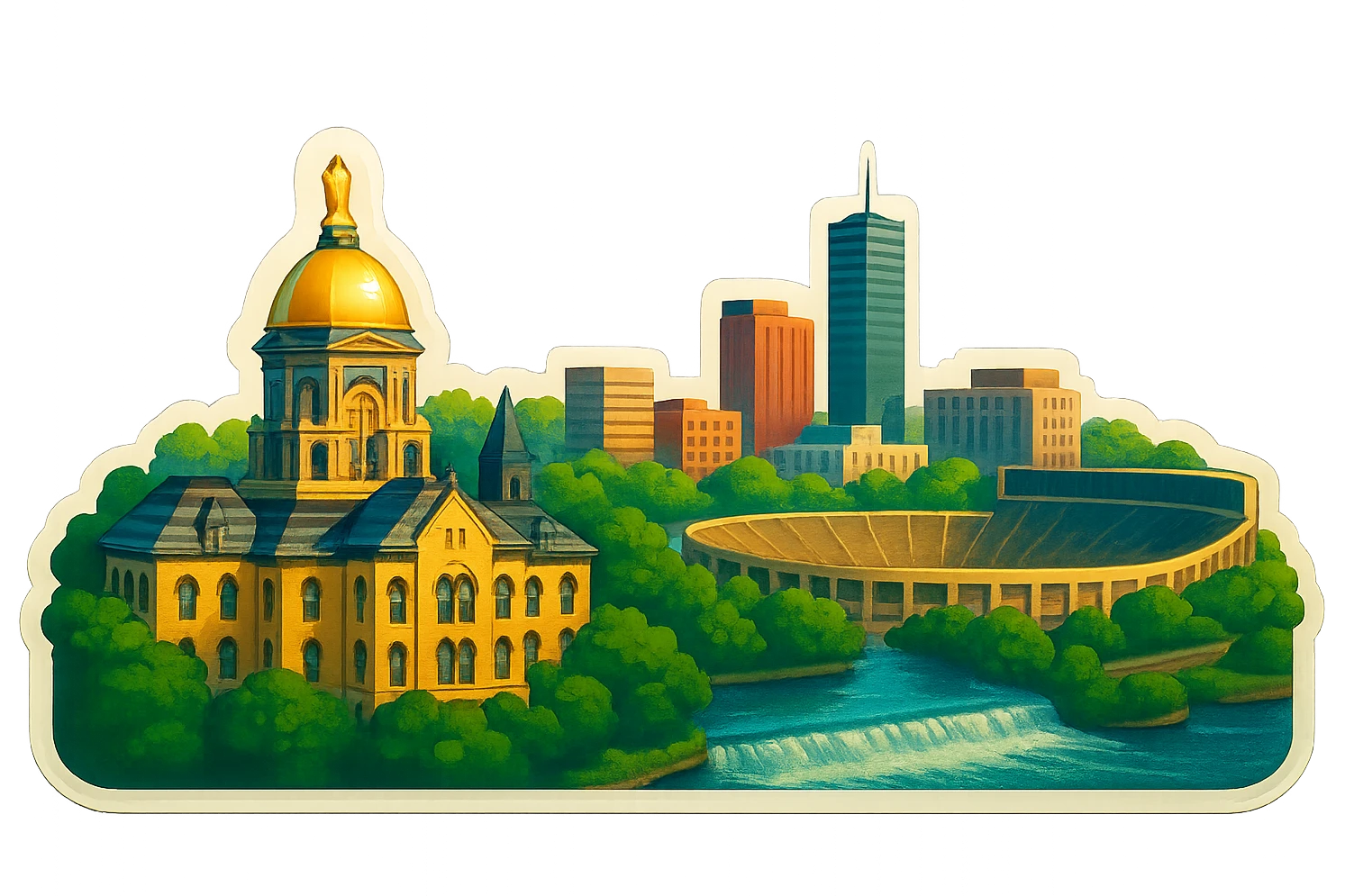Re-do the South Bend, Indiana emoji with a more straight-on angle, featuring a wide city view with iconic landmarks such as the University of Notre Dame campus including the Golden Dome and Notre Dame Stadium, St. Joseph River, and downtown South Bend. The image should have lifelike detail, accurate colors, bright daytime lighting, and a fully transparent background with no sky, no clouds, and no city name label. Keep the style consistent with previous city emojis in the retro stickers style. emoji