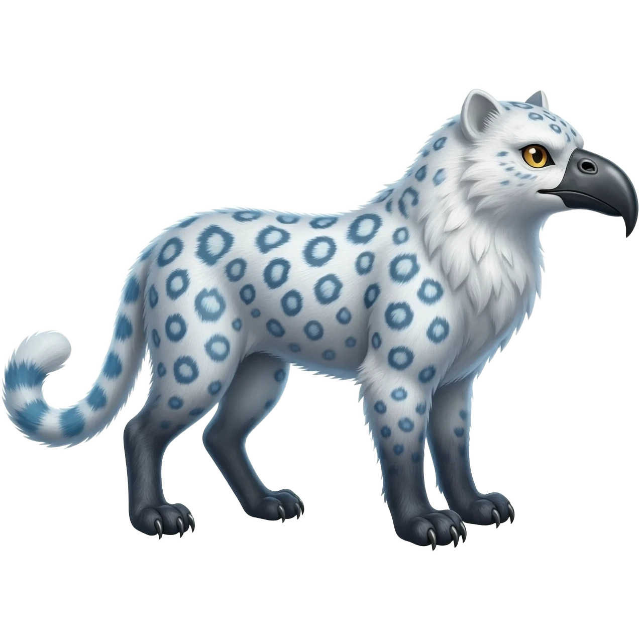 Beaked beaky Realistic wild natural elegant pretty beautiful handsome shiny colorful furry 4-legged digitigrade snow-leopard-snowy-owl-gryphon-griffin-arctic-fox-fusion-hybrid-fursona-furry-animal-creature, full body, hyper-realism, long tufted tail emoji