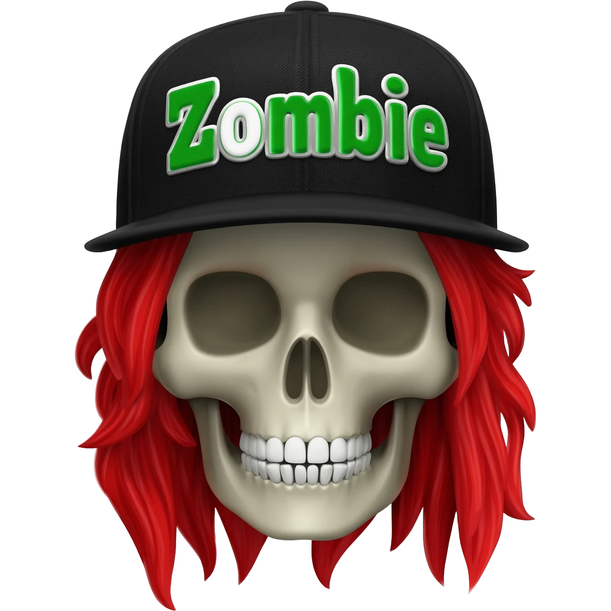 Create a skeleton head wearing a black baseball cap that says " Zombie " in Green, and white lettering, with long red hair emoji