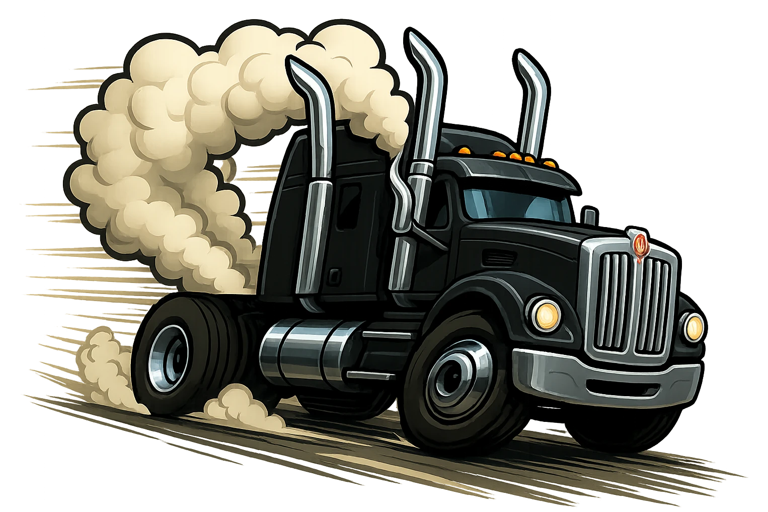 Animate the black Kenworth W680 cartoon truck with chrome stacks and thick smoke, showing it moving fast down the road with strong motion blur, speed lines, and a dynamic pose. Keep the fun cartoon style and transparent background. emoji