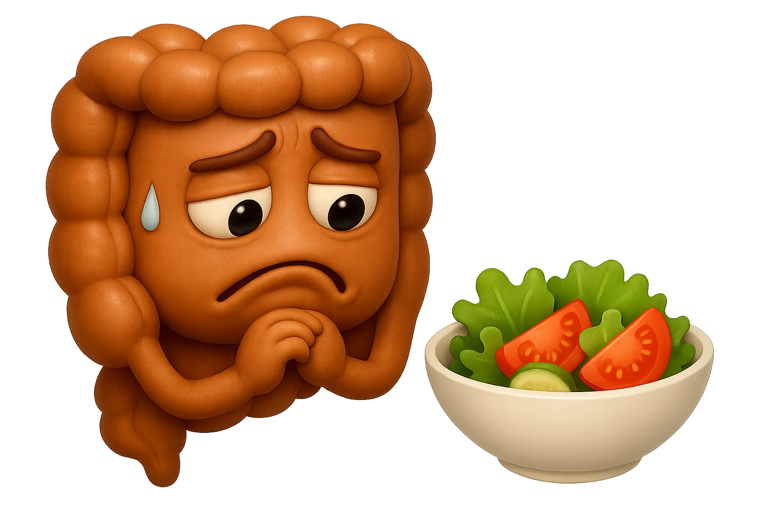 EMOJI STILE IPHONE DI UN INTESTINO UMANO ANATOMICO CHE GUARDA UN INSALATA CON ESPRESSIONE TRISTE E RASSEGNATA IN VOLTO: SOFFRE LA FAME PERCHé è A DIETA, FAGLI ANCHE LA PARTE BIANCA DEGLI OCCHI, NON SOLO LE PUPILLE, IPERREALISTICO 4K emoji