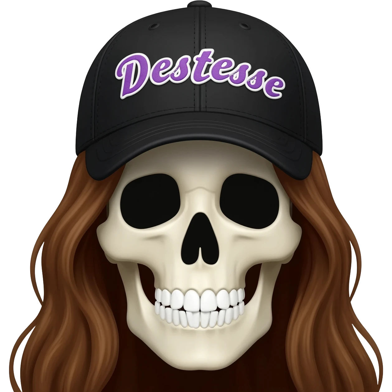 Create a skeleton head wearing a black baseball cap that says "Destinee" in lavender, and white lettering, with long brown hair emoji