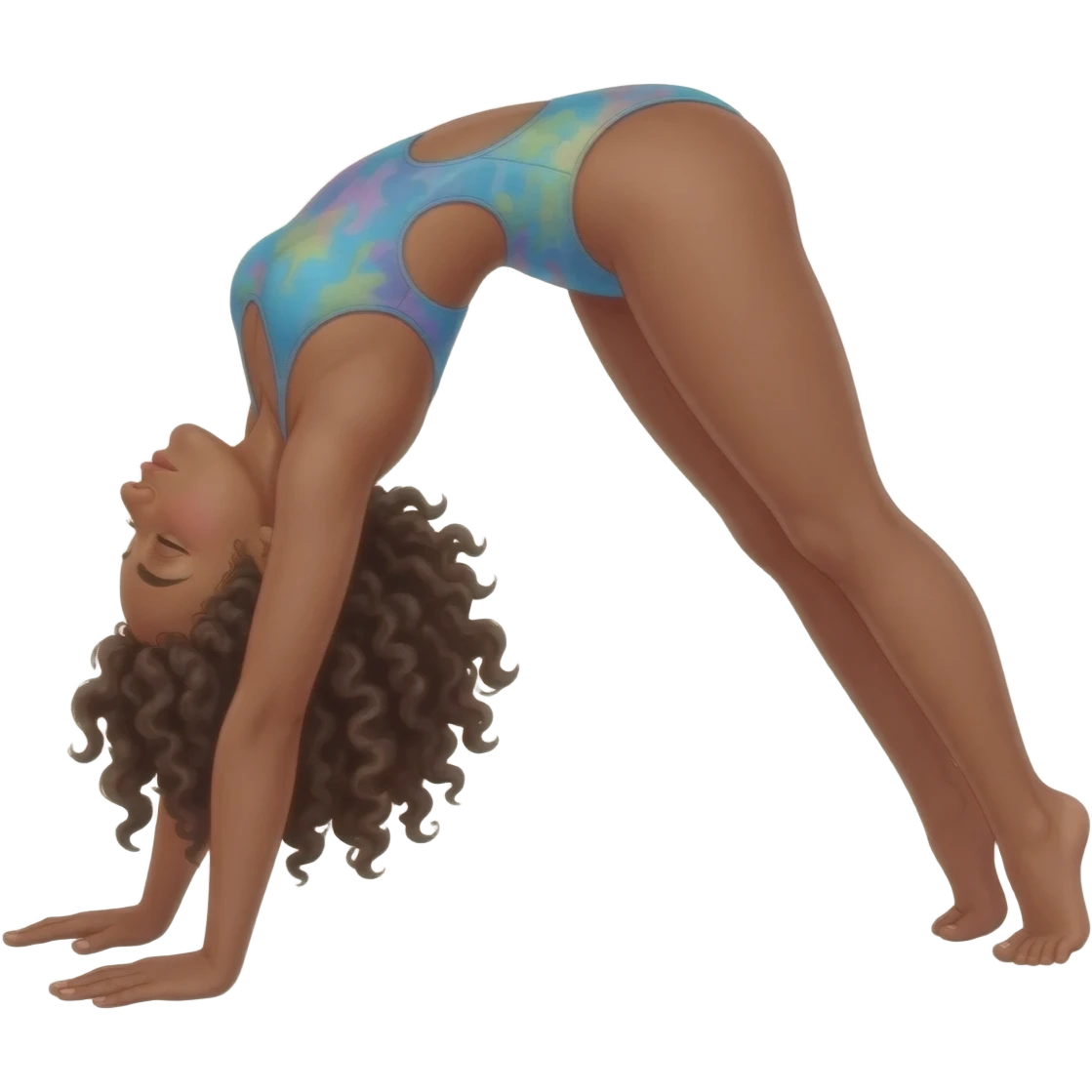 Une fille. Cheveux bouclé. Maillot. Verse. Elle adore faire du yoga ? Ce ça passe dors. À l'appel Juliette emoji