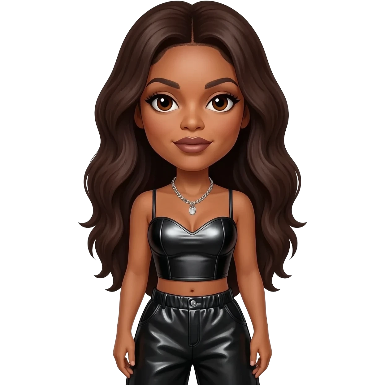 Janet Jackson with brown eyes, long dark brown hair, black metallic sweetheart crop top, black metallic baggy pants, silver necklace emoji