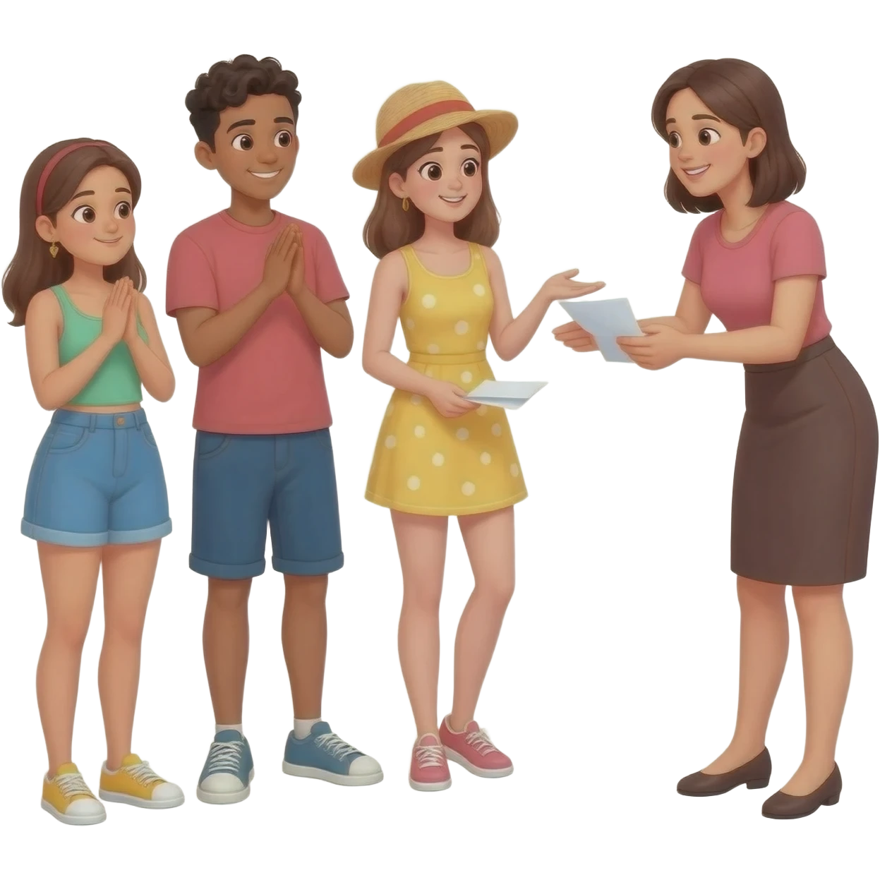 woman handing out leaflets and talking to cool teenagers emoji