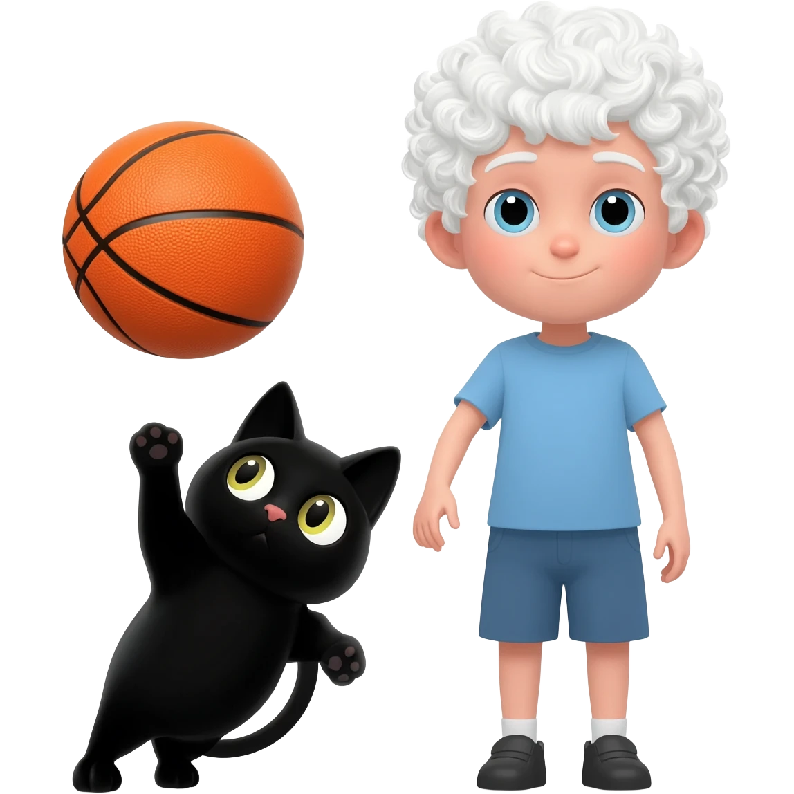 Black cat playing with orange basketball and a little white boy with curly hair emoji