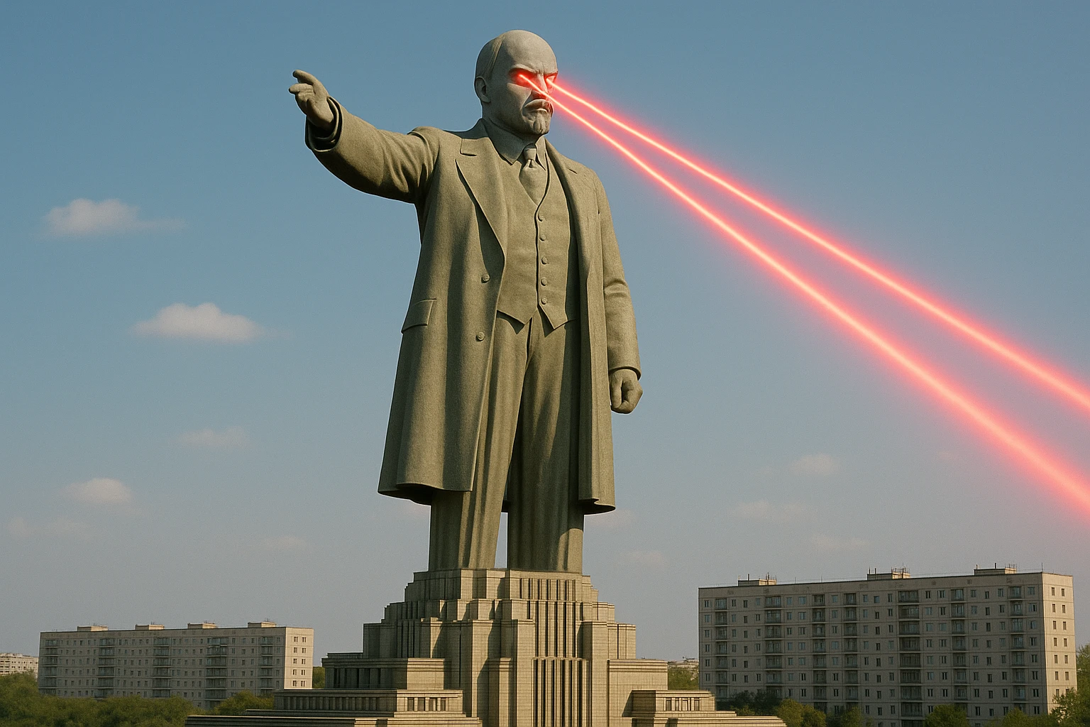 Дворец Советов, основной упор на 100-метровую фигуру Ленина, у которой из глаз вылетают 2 луча прожектора красного цвета.

На фоне можно поставить обычные пятиэтажки-панельки, которые в 20 раз меньше Дворца Советов

Стиль фото реализм, обычный солнечный день  emoji
