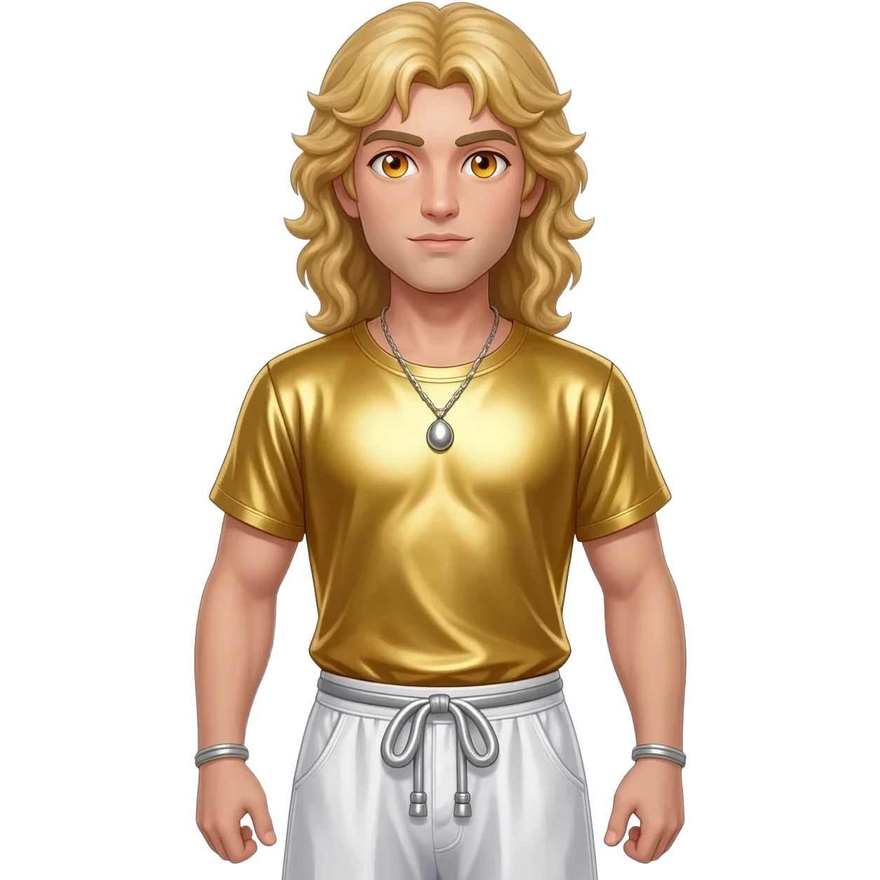 Apollo from Greek Mythology with amber eyes, long blonde hair, gold metallic shirt, white metallic baggy pants, silver necklace emoji