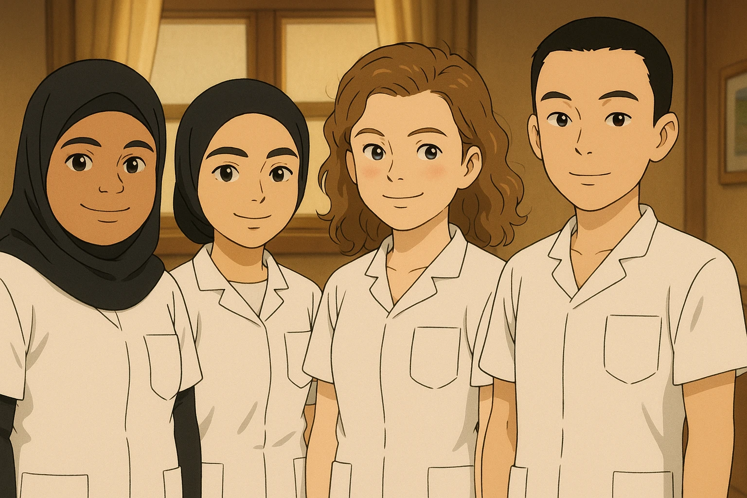 Four nursing students standing side by side indoors, each wearing a white short-sleeved uniform with a V-neck medical tunic, left chest pocket, no collar stand, no stethoscope, nothing protruding from the short sleeves, friendly ambiance, no feet visible, in Ghibli style. emoji