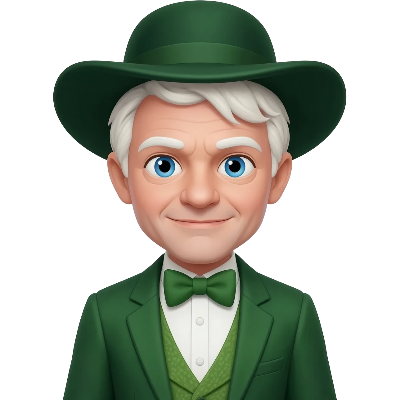 The Wizard from The Land of Oz with blue eyes, white hair, dark green hat, green suit with bow tie emoji