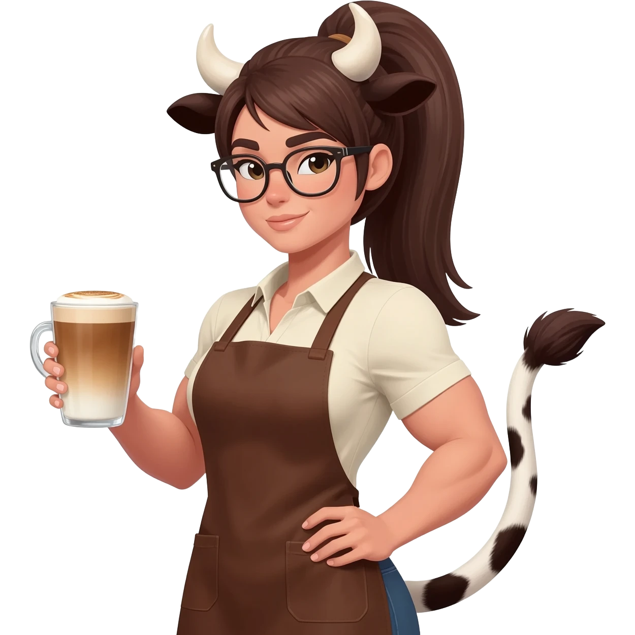 big buff woman in glasses with ponytail with extra large fat tits with cow ears and cow tail dressed like barista in brown apron with latte in his hand emoji