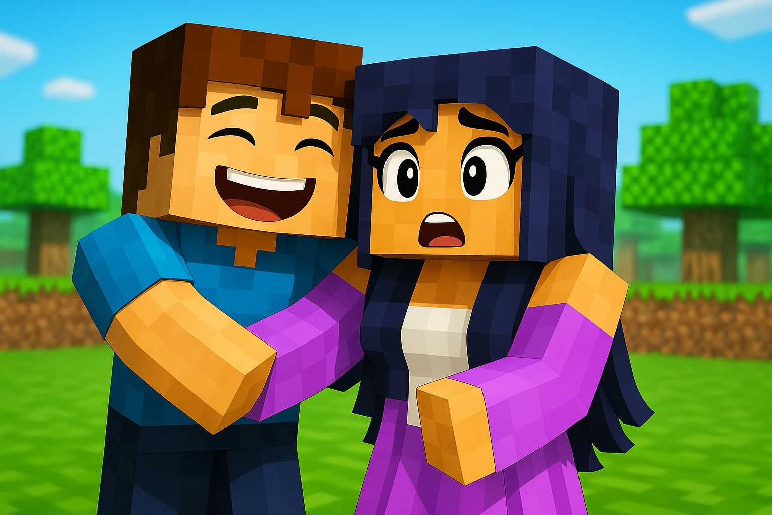 Add a laughing expression to the boy and a surprised expression to the girl in Minecraft style. Maintain the blocky, pixelated Minecraft style with simple, colorful textures and cubic shapes. emoji