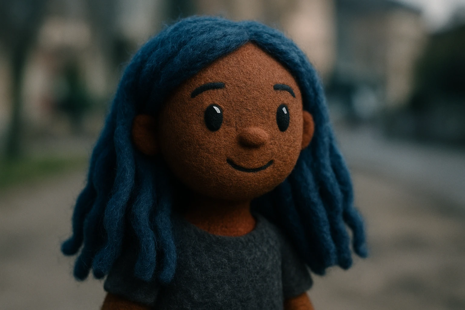 portrait of a blue haired dark skinned girl with long wavy hair, smiling, friendly and warm expression emoji
