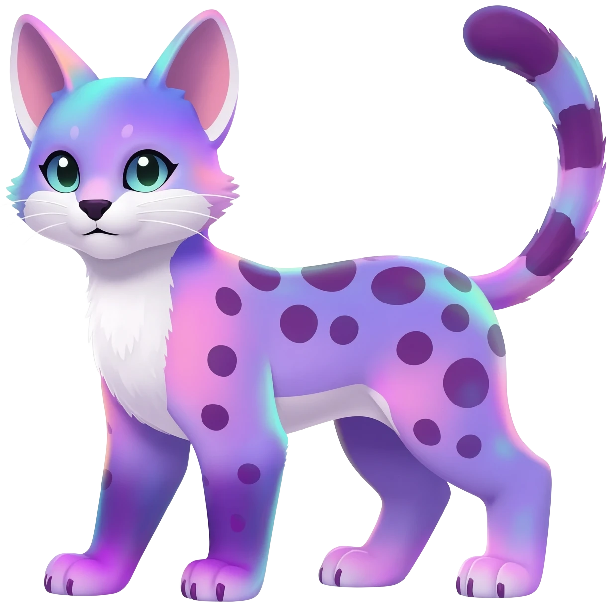 Colorful tropical pastel-lilac-lavender-violet iridescent pastel white glorious divine exotic cute cool beautiful shiny beautiful fantasy-caracal-civet-genet-sergal-vernid-Cacomistle-oncilla-animal-Fakémon-hybrid-fursona (full body) emoji