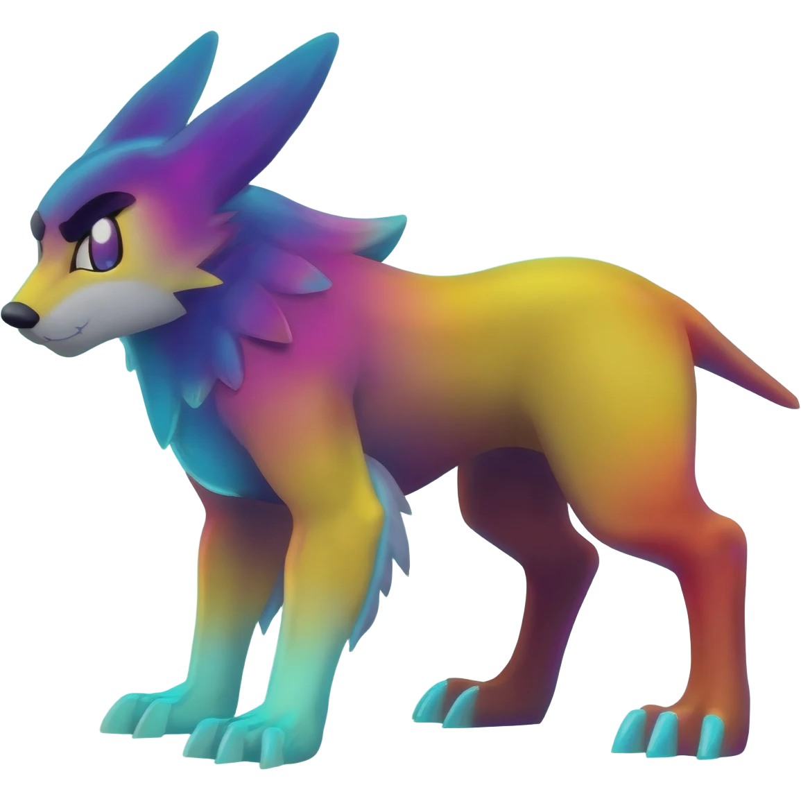 Colorful luminescent glowing Trico-Sergal-Furret-Ferret-Wolverine-Vernid-furry-fursona-fusion-Fakemon-animal-hybrid-creature, full body emoji